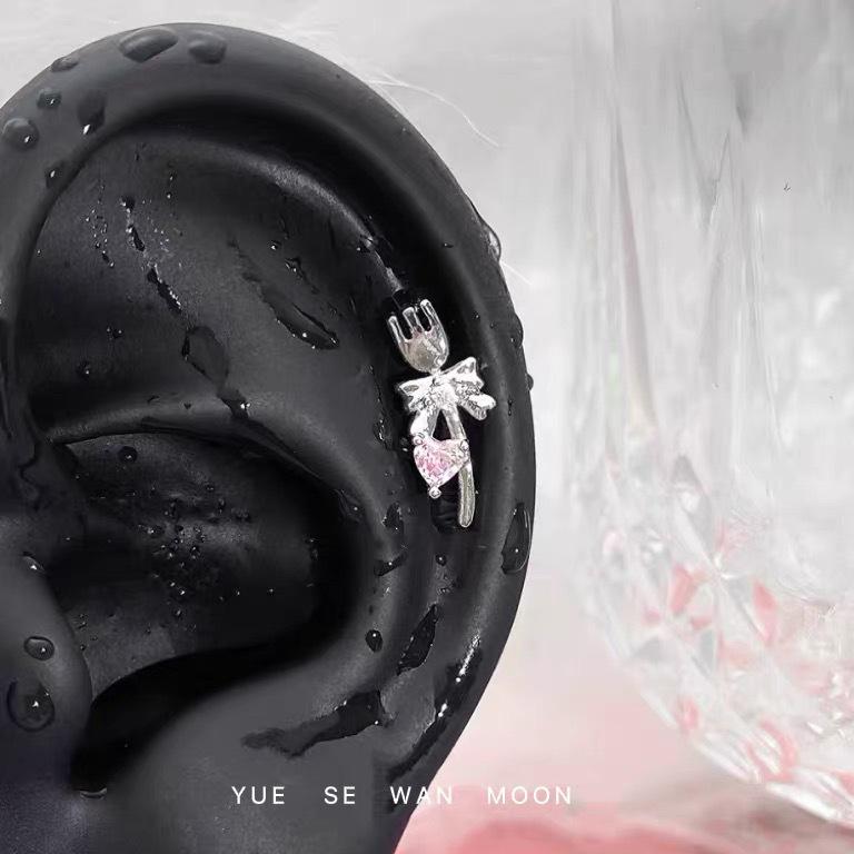 Little Chef Heart Bow Ear Studs: Cute Girly Titanium Steel Earrings