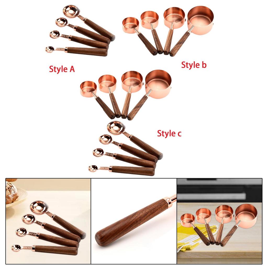 Measuring Cups Spoons Set Wooden Handle Baking Gadgets Stainless Steel Measuring Spoons for Nuts Baking Cooking Oil Milk
