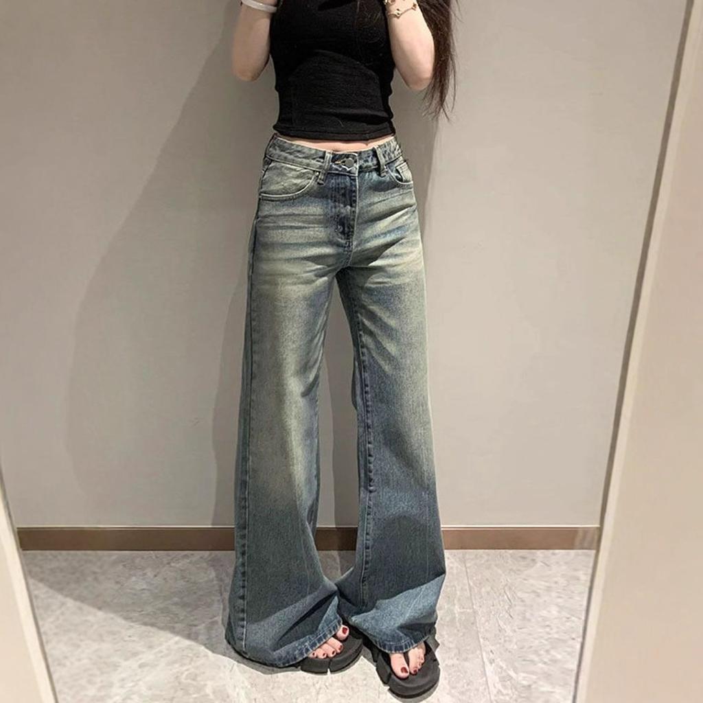 Vintage Washed Micro Trousers Female Small High Waisted Straight Straight Wide-legged Trailing Trousers Casual Thin Denim Trousers Long Denim Pants