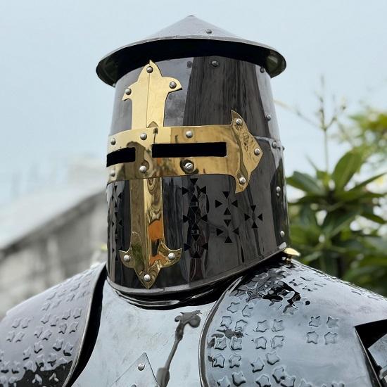 Full Body Templar Knight Armor Black Stainless Steel Suit with Mirror Finish Stand for Cosplay, LARP, Display And Reenactment Use