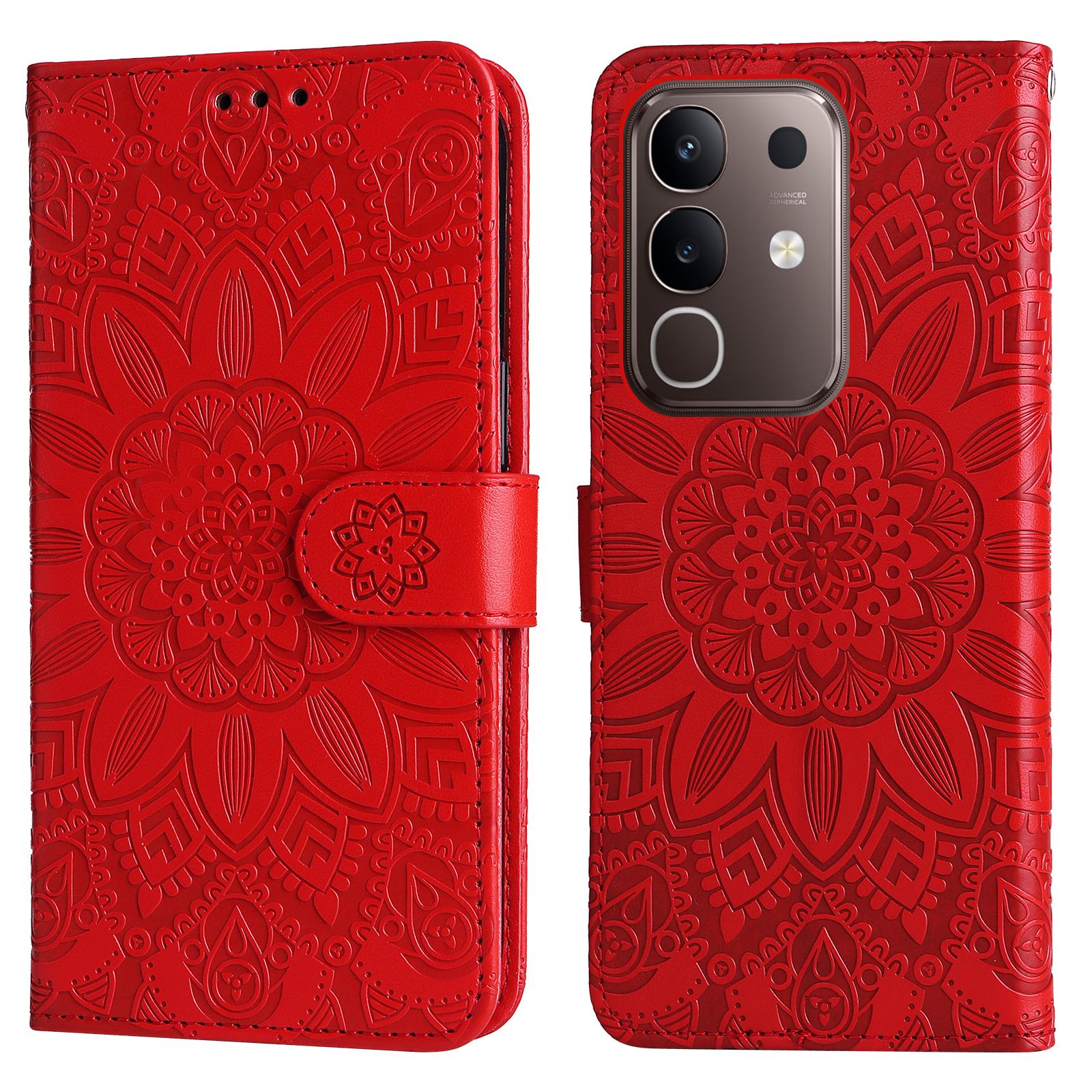 

For vivo Y29 4G Case Sunflower Imprint Leather Wallet Phone Cover Red