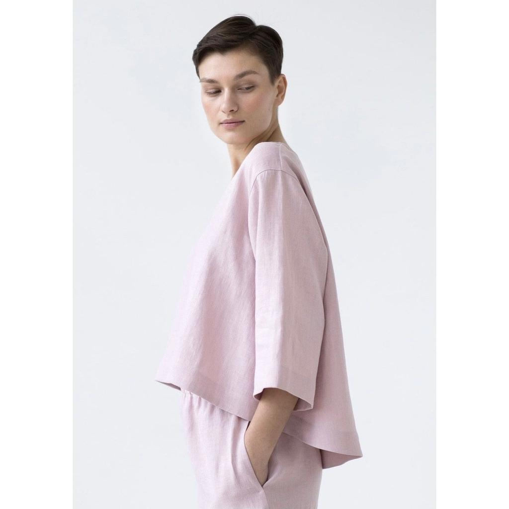 Lniany Rozkloszowany Top Damski Luźna Casualowa Bluzka Rękaw 3/4 Koszula Oversize
