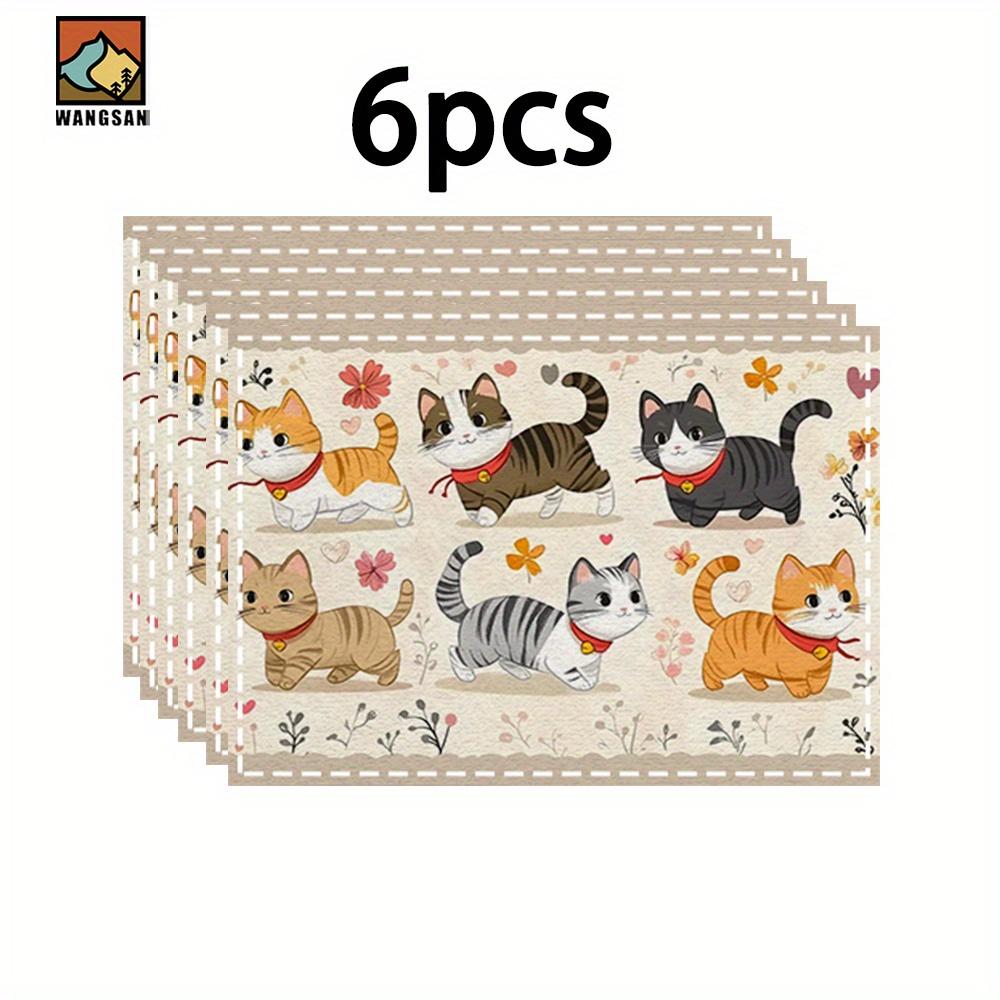 Cute Cat Placemat Cartoon Animal Design Table Mat Heat Resistant Non Slip Washable Kids Dining Kitchen Decor 4Pcs-30X45cm(12X18in