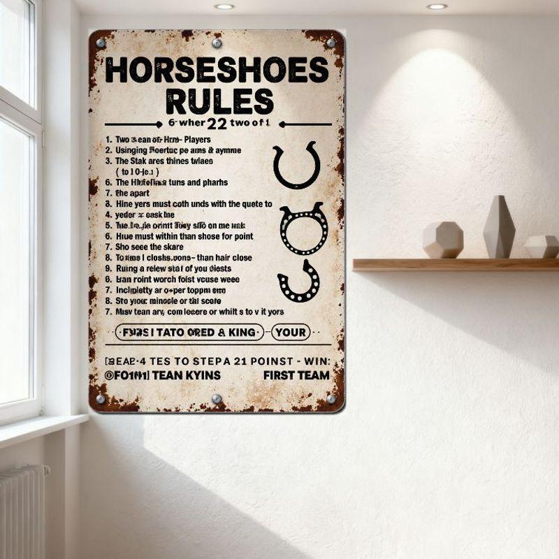 Vintage 'Horseshoes Rules' Metal Tin Sign with Rusty Edges, Artistic Retro Home Bar Man Cave Decor, Custom Novelty Iron Plaque f