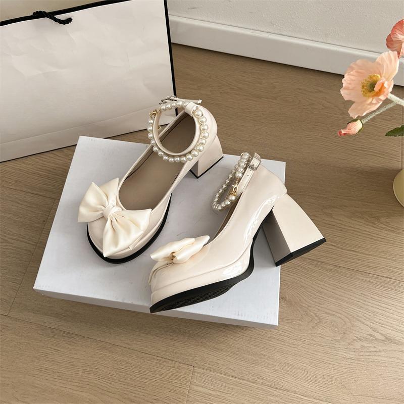

Butterfly-knot Thick Heel Women Mary Jane Shoes Fashion Round Toe Pearl Buckle Shoes Ladies Outdoor Dress Pumps 35 бежевый