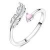 925 Silver Ring For Lady Feather Pink Heart Adjustable Open Ring Weddings Gifts Jewelry