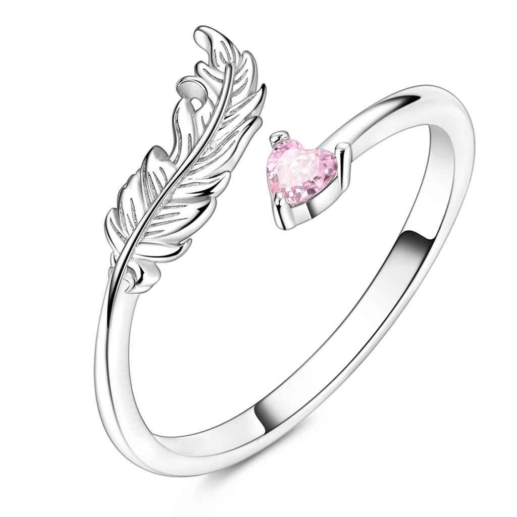 925 Silver Ring For Lady Feather Pink Heart Adjustable Open Ring Weddings Gifts Jewelry