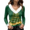 Damen Langarm V-Ausschnitt Weihnachts-Oberteil mit Kragen, Schneeflocken und Weihnachtsbaum-Print