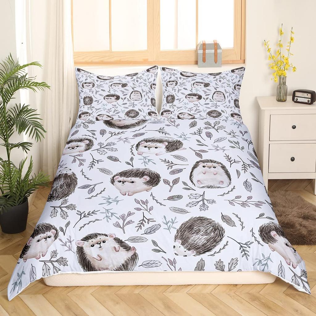 Kawaii Hedgehog Duvet Cover Set Green Cactus Plant Comforter Cover Boys Girls Adults Teens Cartoon Mushroom Bedding Sets 2/3 Pcs