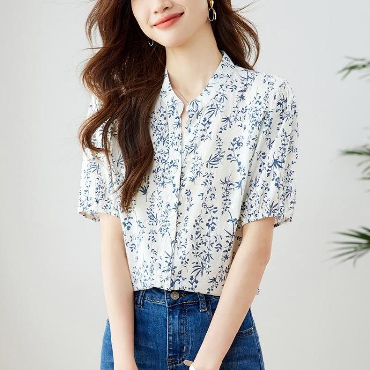 New Chinese Style Women Summer Short Sleeve Shirt Blue White Porcelain Floral Print Youthful Age Reducing Tee M