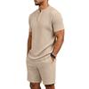 Herren verdreht texturiertes Henley-Oberteil mit halber Knopfleiste, kurzärmlig & Tasche mit Kordelzug Shorts Zweiteiliges Set