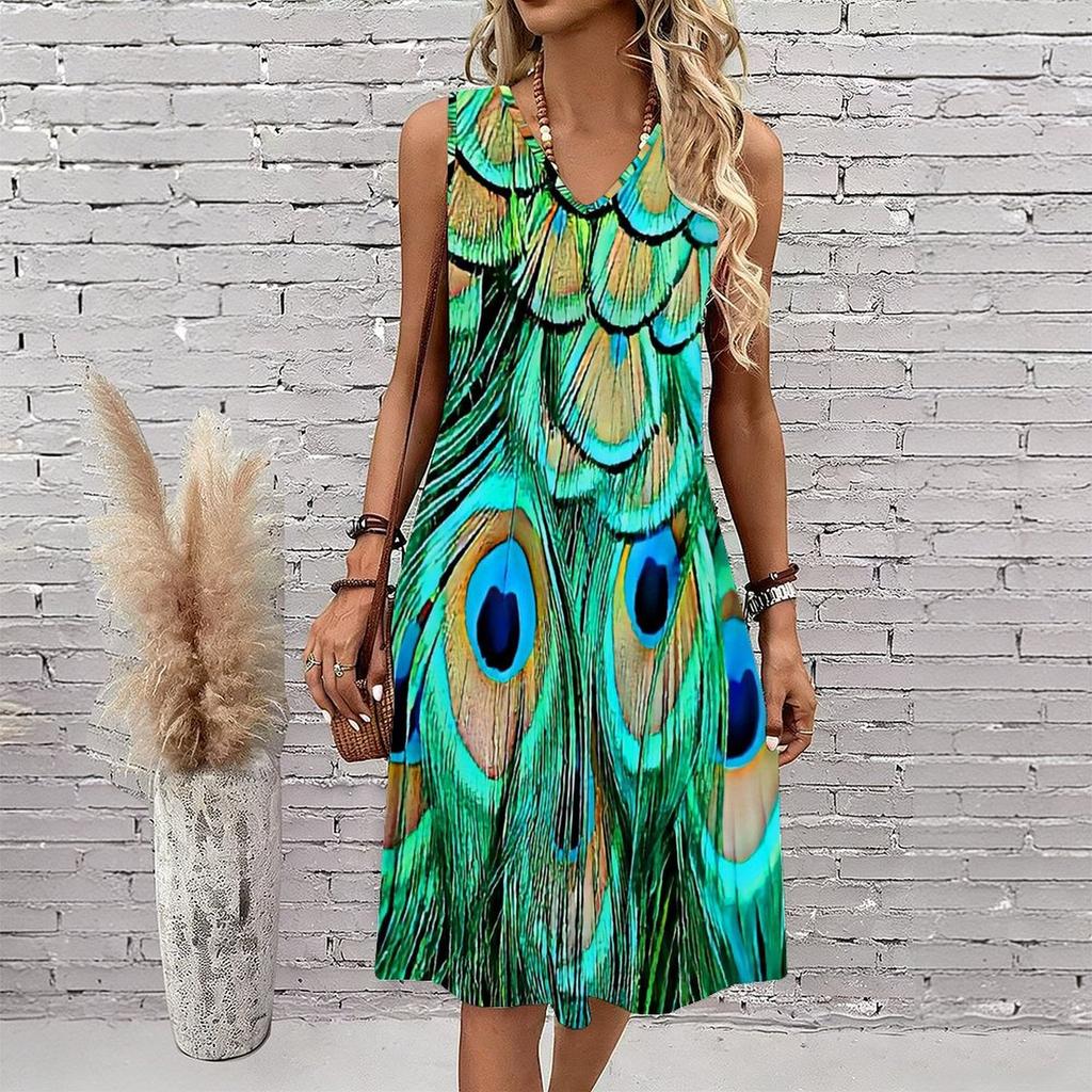 Plus Size V Neck Sleeveless Dress Green Mountain Waterfall Scenic Print For Nature Holiday Journey