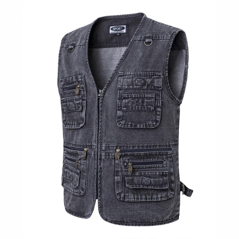Spring and Autumn New Men's Denim Vest Multi-Pocket Work Clothes Versatile Casual Tops