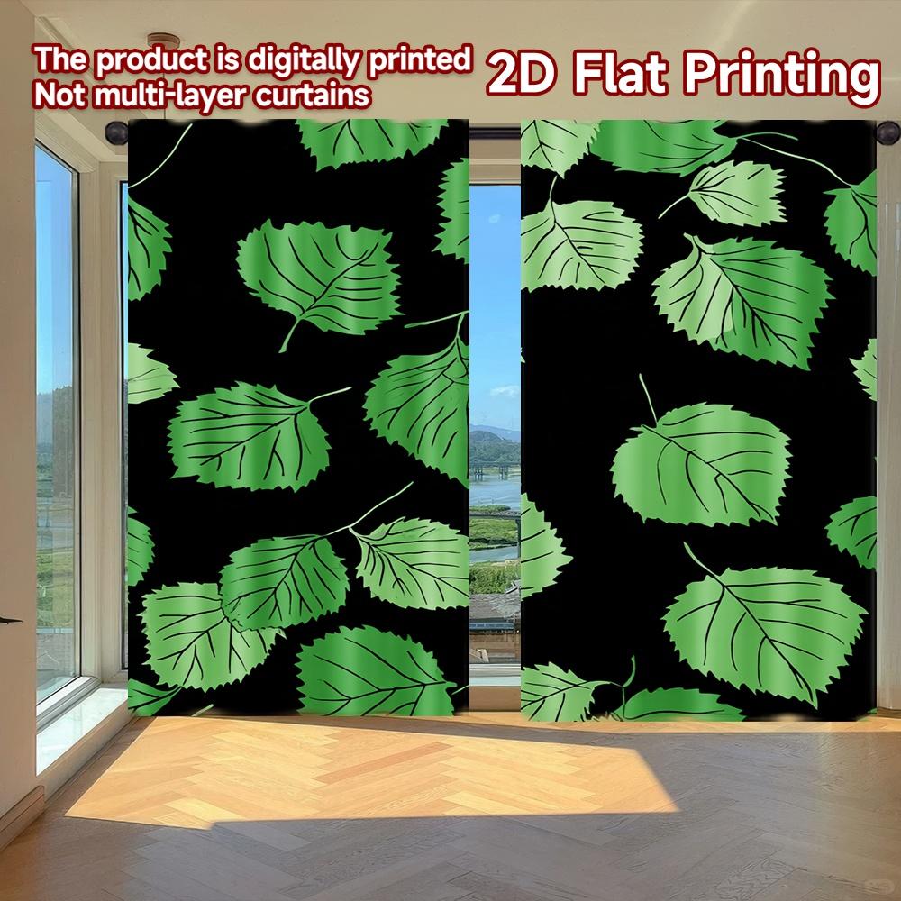

Flat Printing Curtains Without Rod Green Leaf Design Dark Background April Fools Is Day Holiday Set Of 2 Made Polyester W100*H70(CM)-Hooks&2PCS