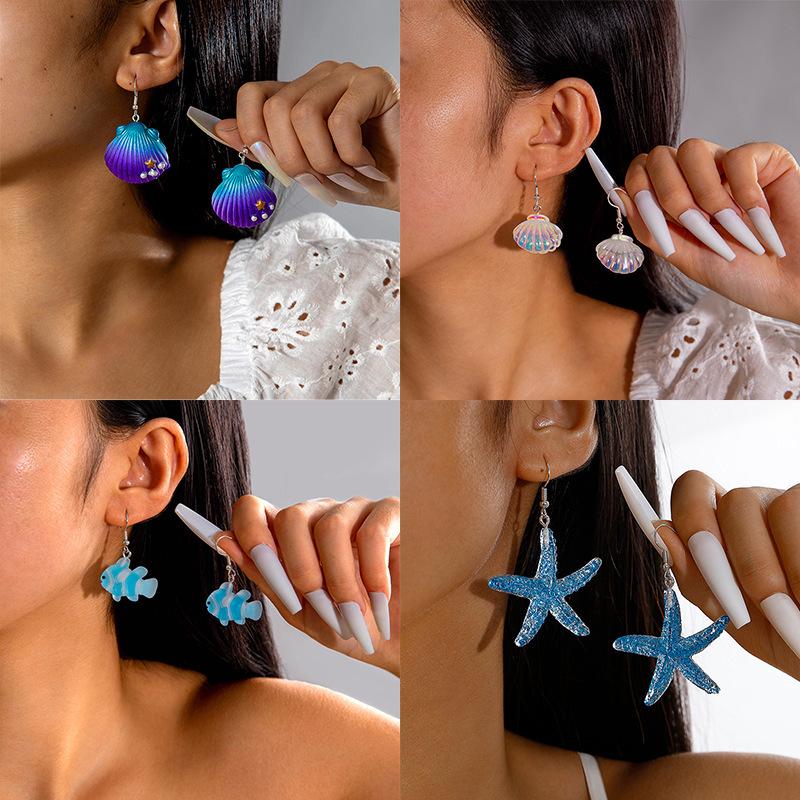 Simple color resin starfish scallop earrings cute color fish, ocean series earrings earrings women