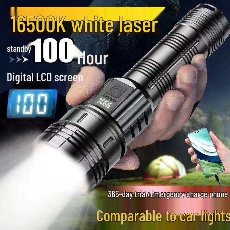 High Power White Laser Zoom Flashlight for Long-Range Outdoor Use with Rechargeable Display