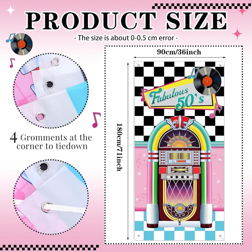 VitalCozy 71 x 35 Inch 1950s Party Decorations Retro 50s Fabric Door Cover 50's Rock and Roll Party Door Cover 50's Rocking Music Theme Backdrops