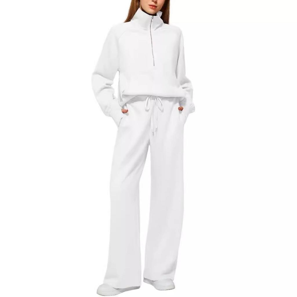 2025Women Coat Pants Set Stand Collar Long Sleeve Zip-up Elastic Cuff Jacket Drawstring Stretchy High Waist Wide Leg Trousers Sport Tracksuit