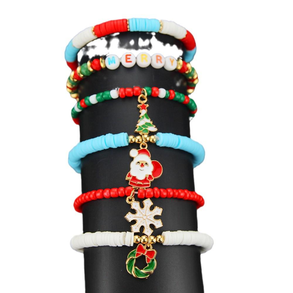 Cross-border 6-Piece Christmas Gift Set: Red & Green Polymer Clay Letter Beaded Elastic Bracelets