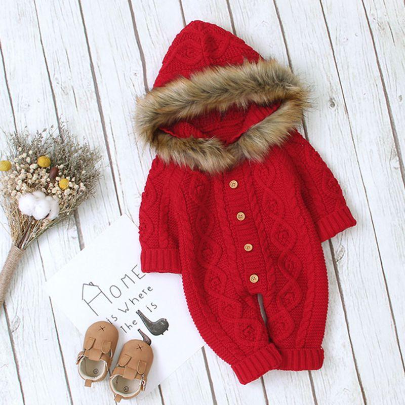 Baby Fur Collar Knitted Hooded Romper 