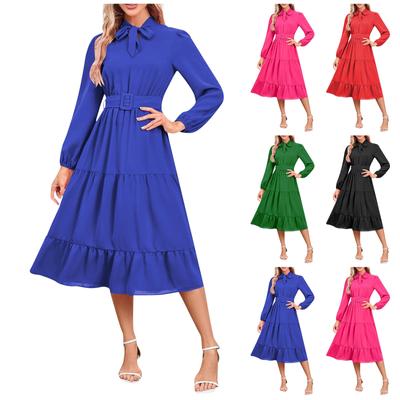 Women's Long Sleeved Solid Color High Round Neck Large Swing Dress Slim Fit Long Dress
