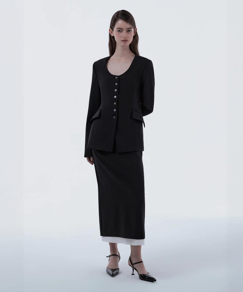 Mausolleum Contrast Layered Slim Line Long Skirt - Black