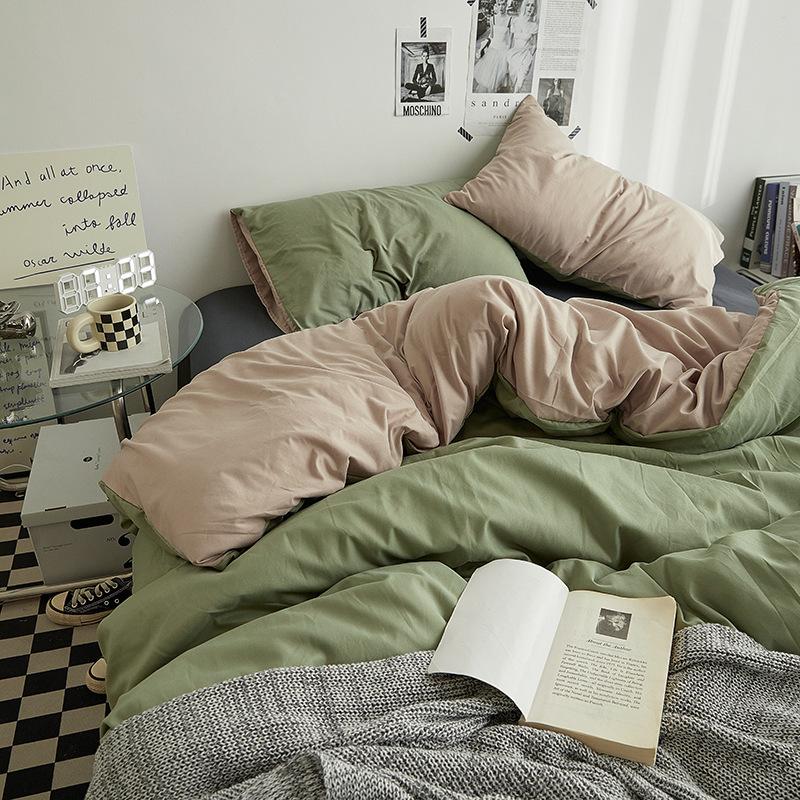 Bettlaken-Set im Ins-Stil, zweifarbig, Bettlaken aus gewaschener Baumwolle, Bettbezug, Bettlaken, 3-teiliges Set, Bettdecken-Set, Queen-Size-King-Size