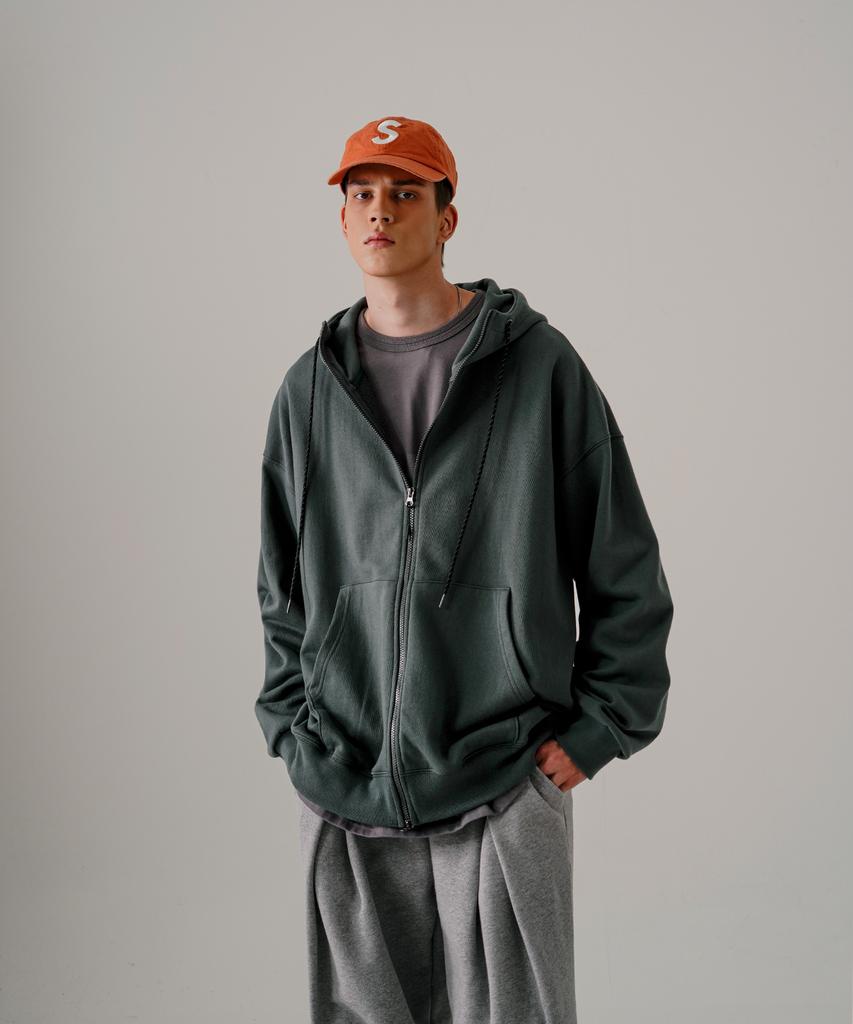 Ezkaton Heavy Loop Neck-Up Zip-Up Hoodie Deep Green Shot6743