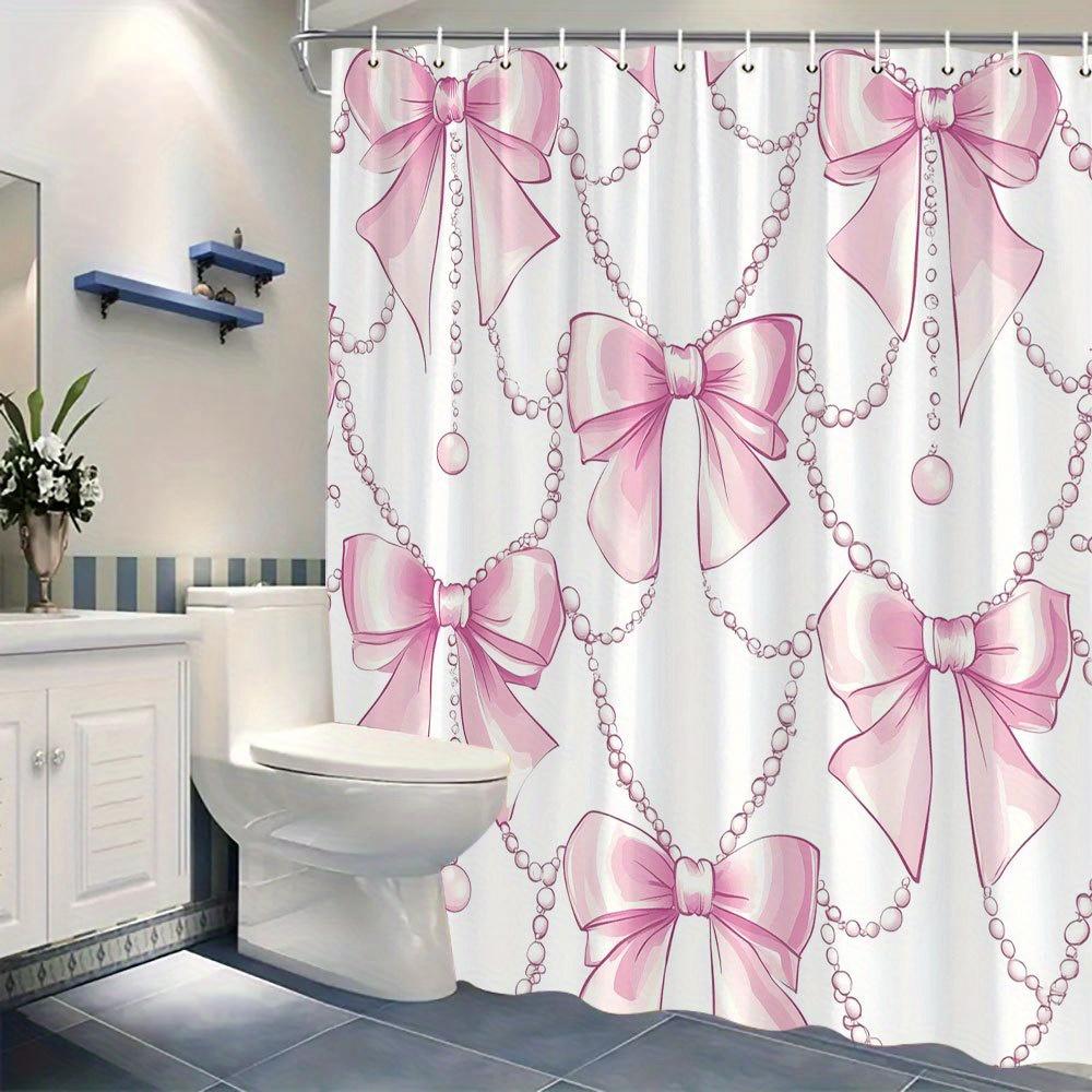 1 Elegant Pink Satin Bow Shower Curtain with Pearls, White Background, with Hooks, Machine Washable Polyester