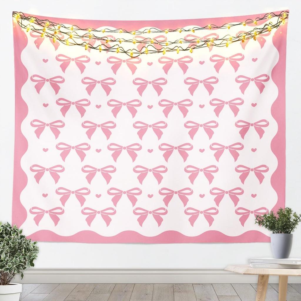 Chinoiserie Bow Tapestry Blue And White Floral Wall Art Pink Bow Wall Hanging Blanket For Living Room Bedroom Modern Aesthetics