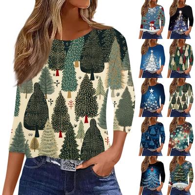 Women's Seven Quarter Sleeve Printed Fashionable Casual Loose Round Neck Shirt For Christmas