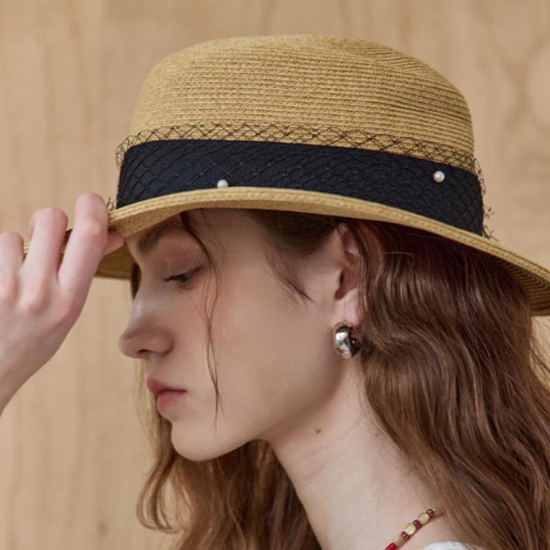 Maxza Pearl Mesh Ribbon Wire Raffia Boater Hat Ze07am004na