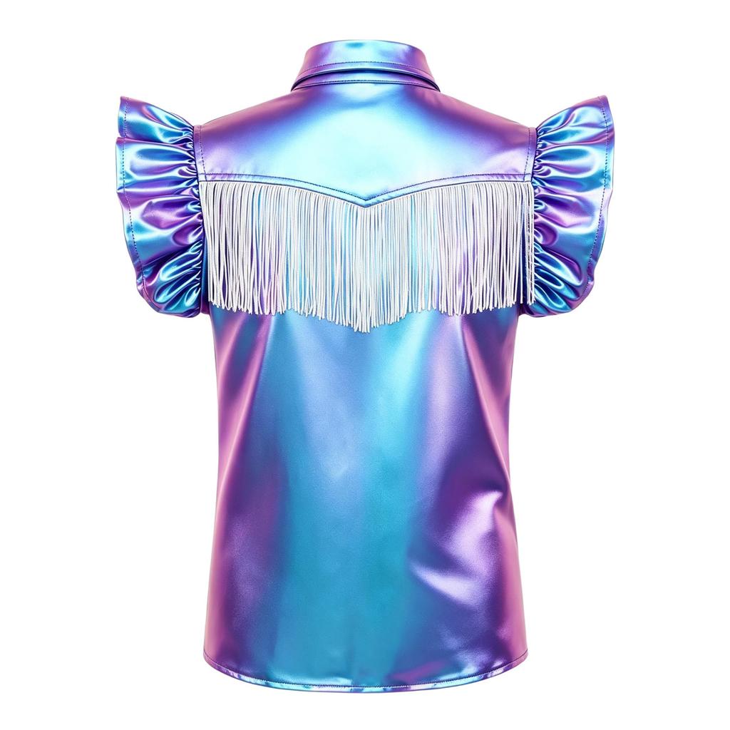 Kinder Mädchen Cowgirl Verkleidung Outfit Rüschenärmel Umlegekragen Quaste Metallisches Oberteil mit Schlitz Schlaghosen Metallische Hosen für Party