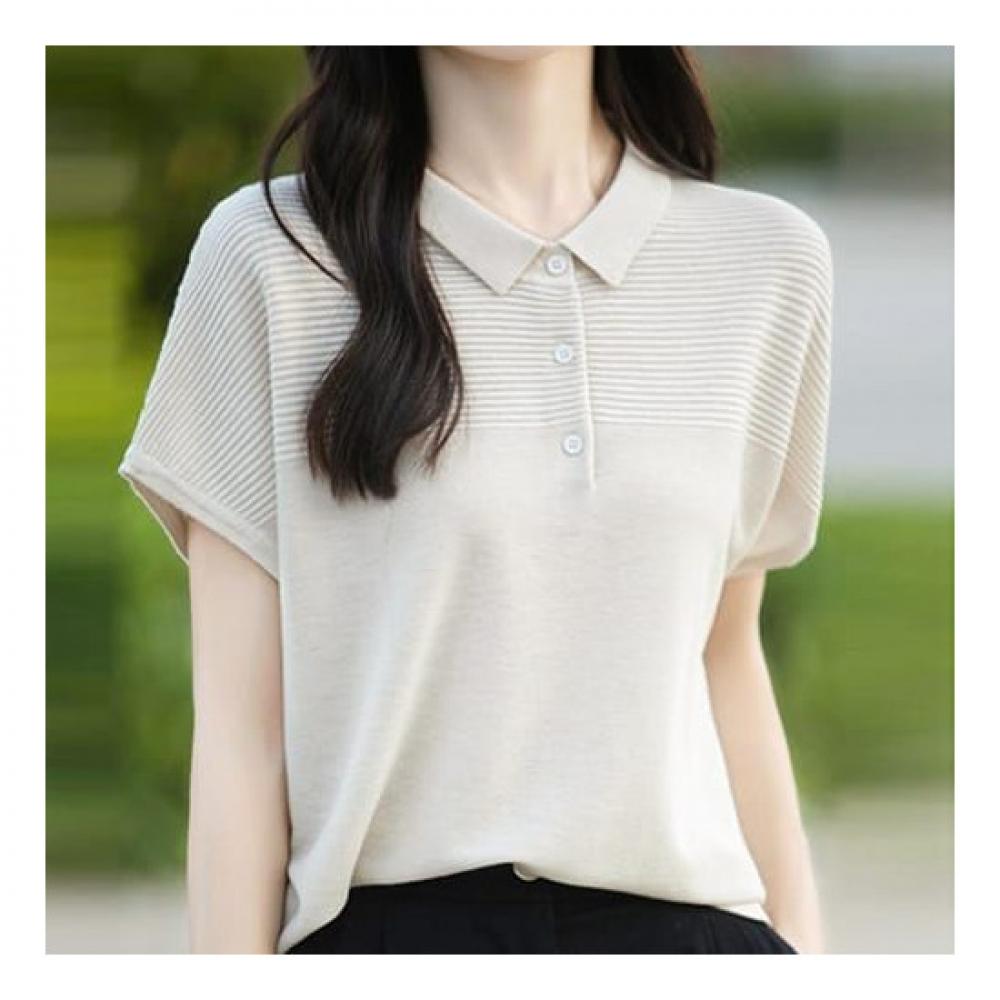 Navava Women Simple Rib Cap Sleeve Collar KniT T shirT Nk2212