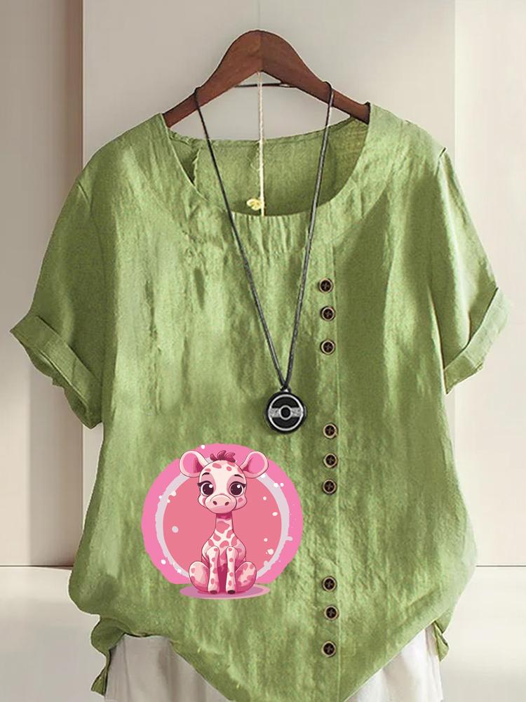 

Women s Fashion Giraffe Print Shot Sleeve T-shirt Loose Cotton Shirt Casual Loose Summer Plus Size Blouse Tops 5XL зелений