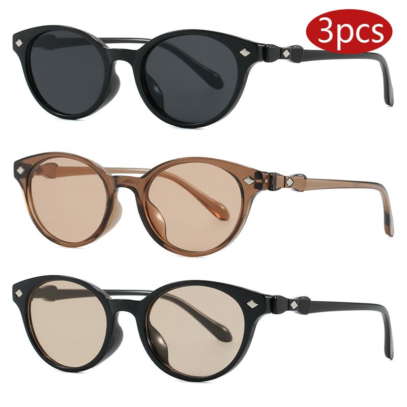 

3pcs Trend Rice Nail Round Sunglasses Versatile Bow Tie Decoration Sun Glasses Small Frame Design Driving Commute Eyeglasses