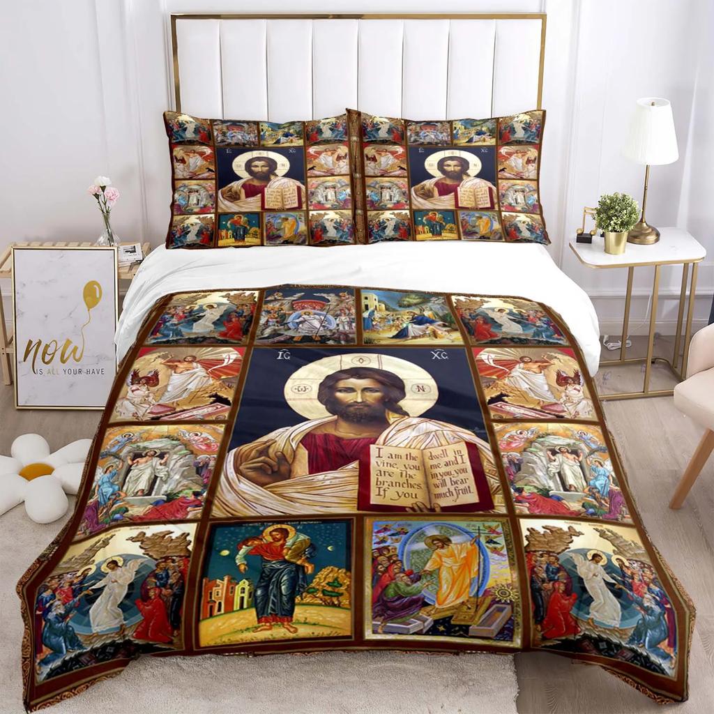 Bettwäscheset mit der Jungfrau Maria und Jesus, Halloween-Horrorfilm, Bettbezüge, Kinderbettwäsche, Dekor, Bettwäsche mit Kissenbezug, kein Laken, 3-teilig