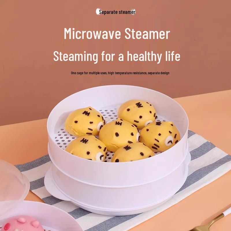 Microwave Steamer Bowl: Plastic Utensil for Heating and Cooking Buns with Steaming Pot, Rack, and Box.