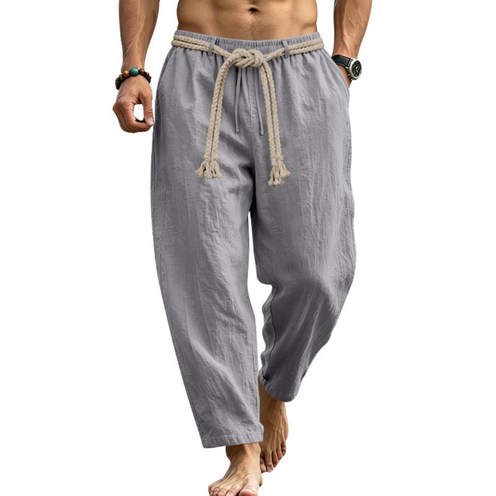 Men's Linen Drawstring Pants Lightweight Breathable Straight Leg Trousers Casual Summer Vacation Commuting Pants