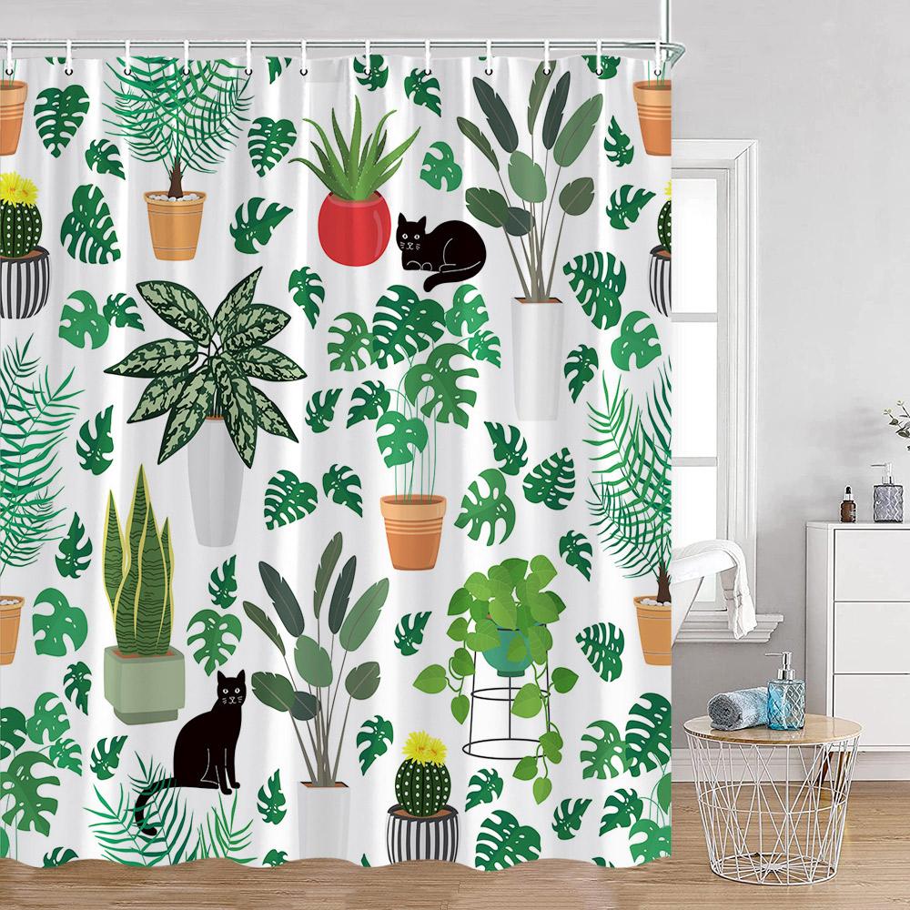 Grüne Topfpflanzen Duschvorhänge Cartoon Katzen Hängende Tropische Blätter Dekorationen Für Bad Polyestergewebe Badezimmervorhang