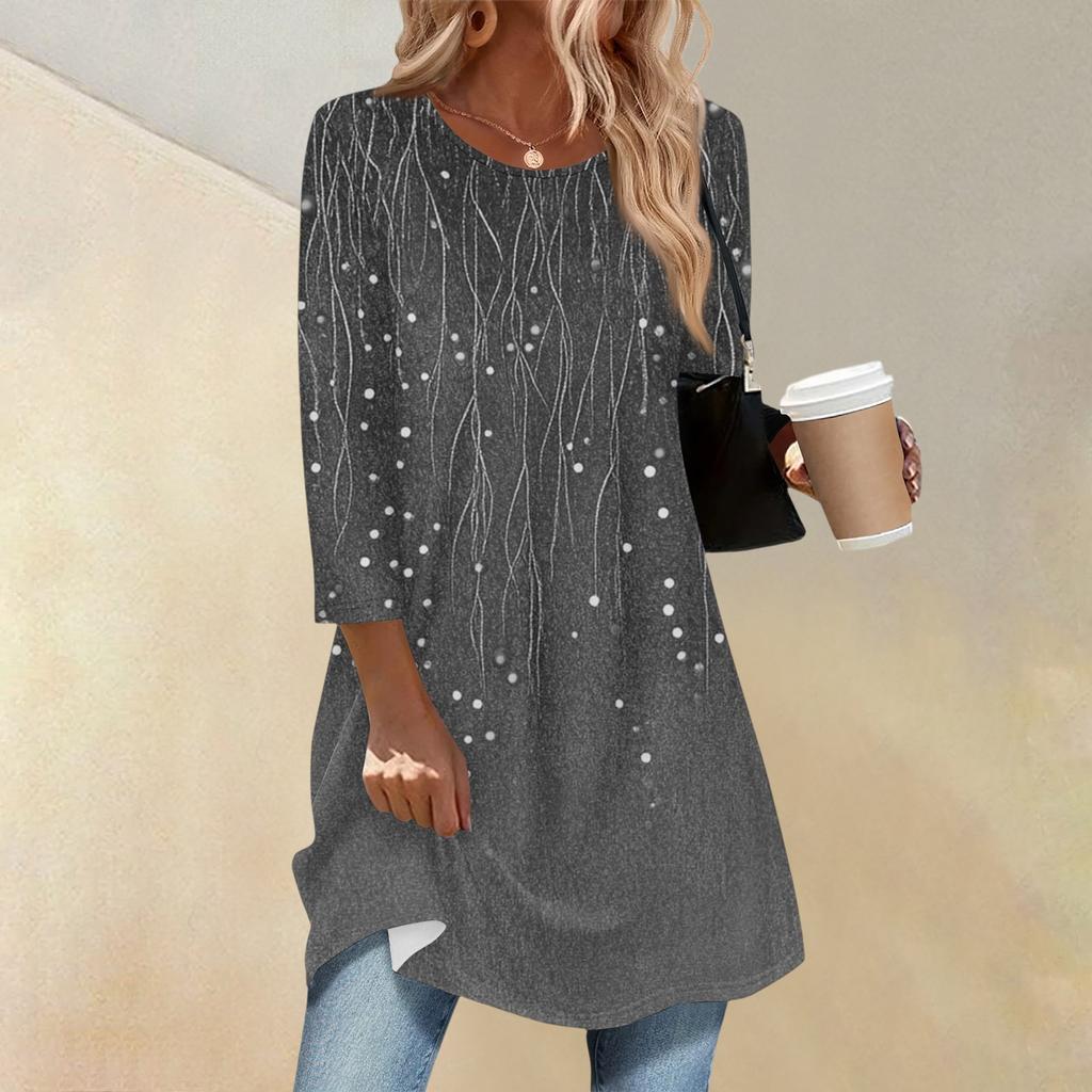 Damenmode Lässig Dreiviertelärmel Lang Blumenmuster Rundhals Oberteil