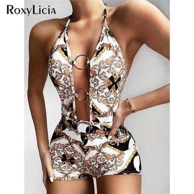 Sexy Printed Monokini Halter Cut Out Women Swimwear One Piece Swimsuit Female Bather Bathing Suit Swim Lady