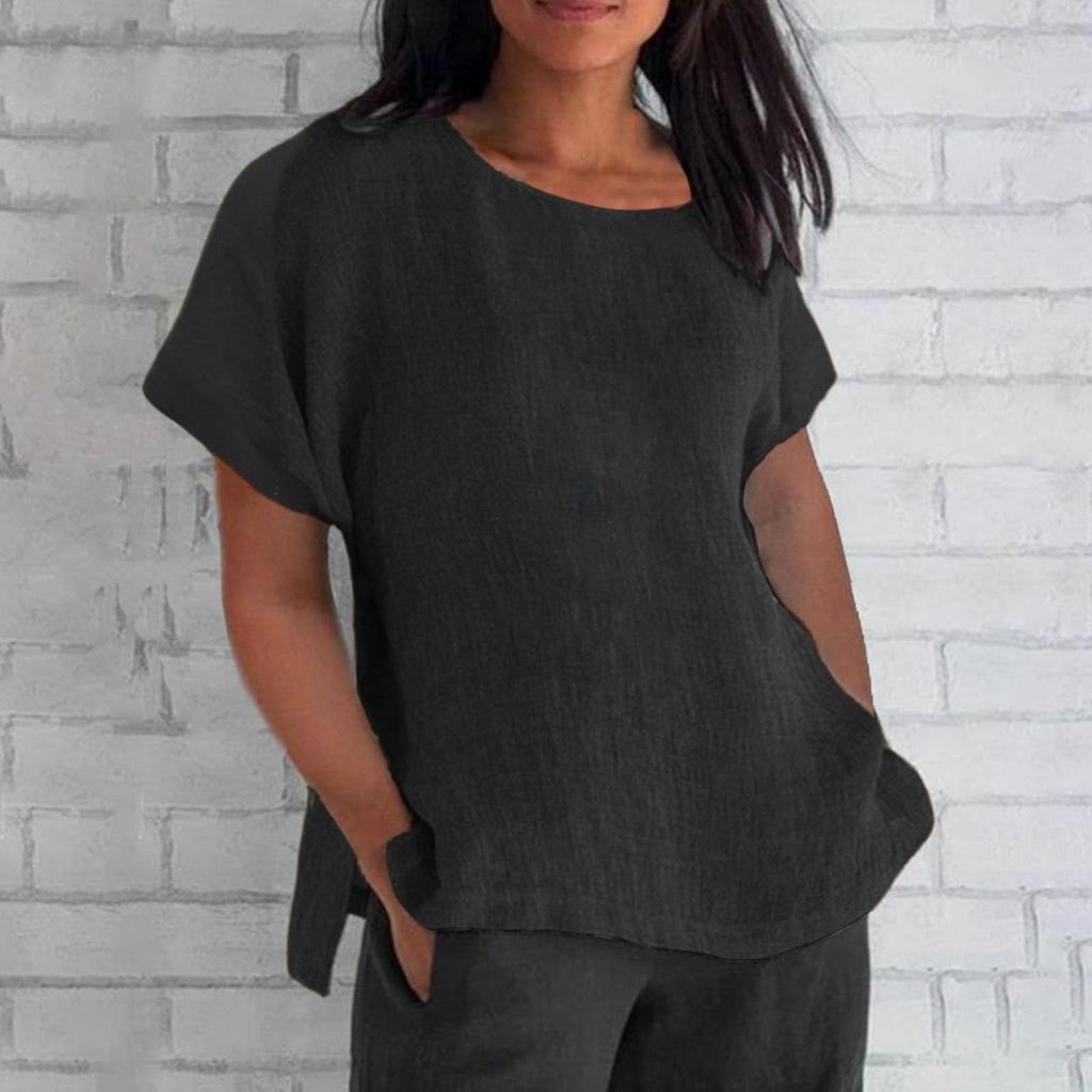 Women's Fashion Short Sleeve Round Neck Solid Colour Loose Casual Shirt Cotton Blouse