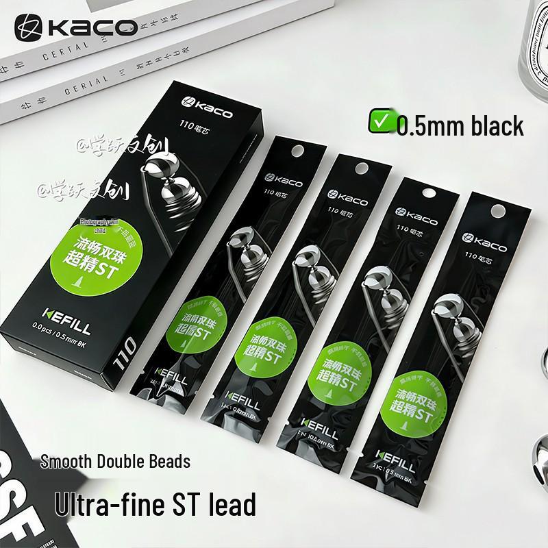 KACO Black Double Bead 0.5mm KEFILL Smooth Flowing Exam Practice Pen Refill 10 pieces