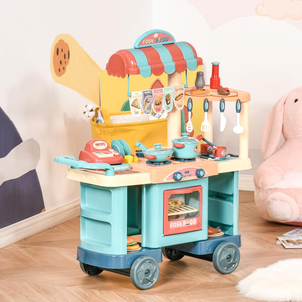 Toy Kitchen for Children 3-6 Years with Wheels Cash Register and Accessories 79.5x33x90.5 Cm Multicolor