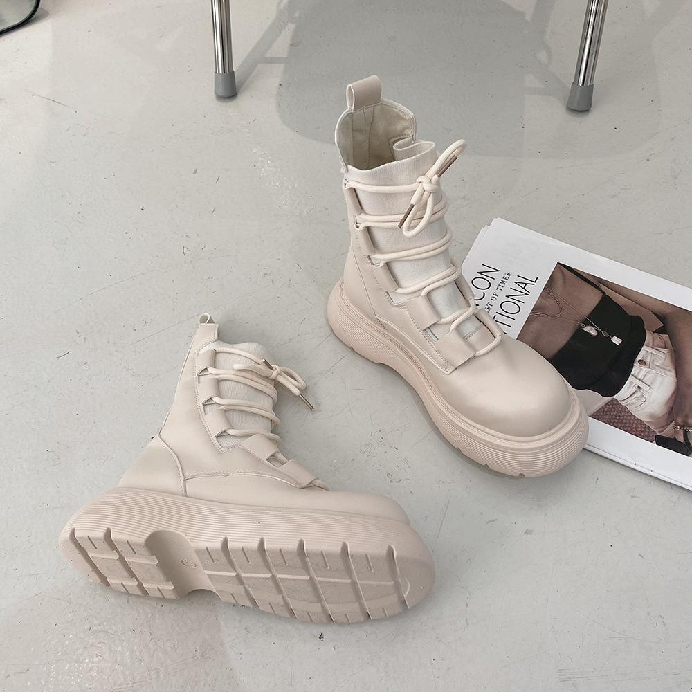 2025 høst nye retro britisk stil mote snørestøvler dame internett-kjendiser ins allsidige tykksålede tynne støvler