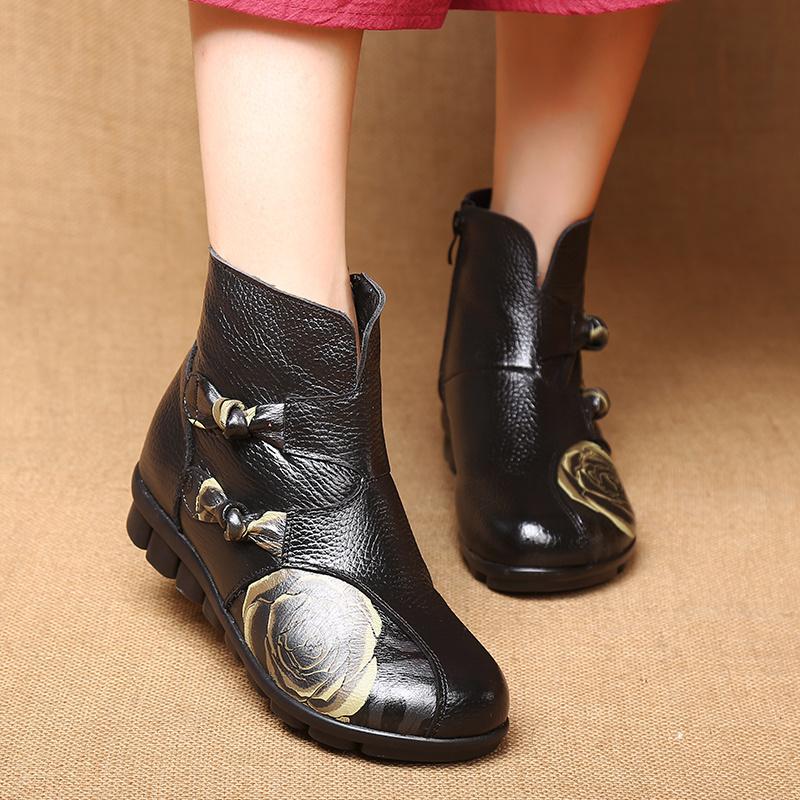 retro winter new  Luxury women Real leather Boots ladies ankle boots flat heeled butterfly bow with plush warm women shoes