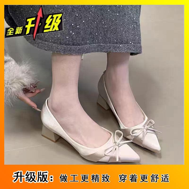 Bow single shoes women's autumn and winter 2025 new satin thick heel late evening wind pedal low heel pointed high heels