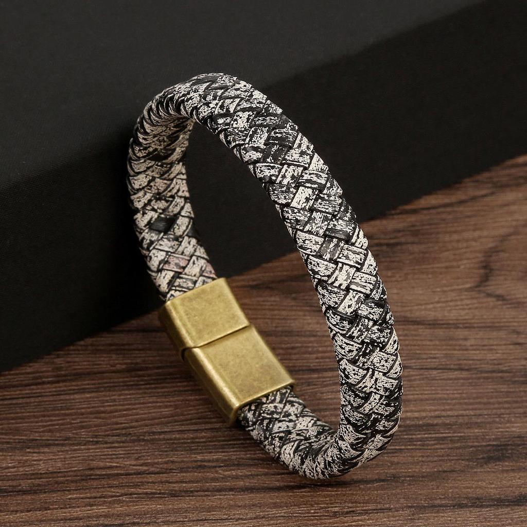 Men's Genuine Leather Woven Bracelet with Alloy Magnetic Buckle