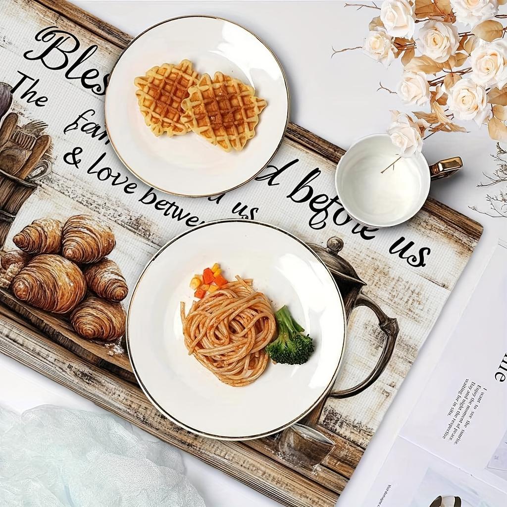 4 Stück "Bless Our Food" Leinen-Tischsets - 12x18 Zoll, Rustikales Holzdesign mit Kaffeekanne, Croissants & Besteck, Perfekt für Familientreffen & Gemütlichkeit
